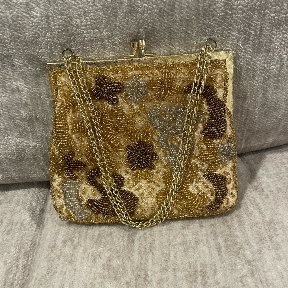 Vintage Brand New Elegant Gold and Brown Beaded Kisslock Clutch
